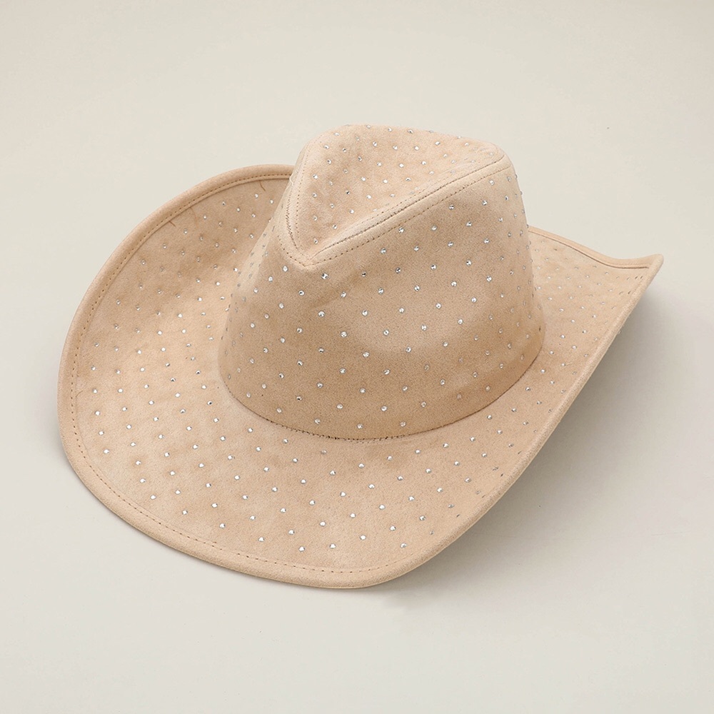 Tan Rhinestone Embellished Suede Western Cowboy Fedora Hat